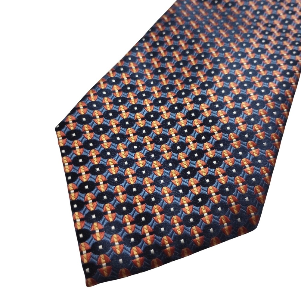 Jones New York Mens Silk Tie Navy Blue Orange Geometric Hand Made Classic